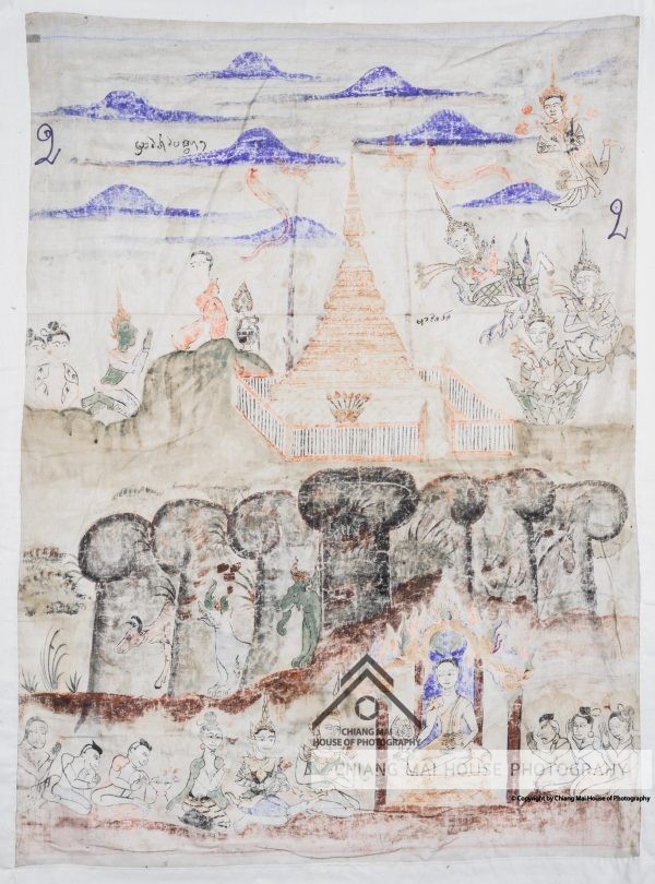 ภาพเขียนจิตรกรรมบนผืนผ้า (พระบฏ) วัดทุ่งคา - แผ่นที่ 2 พระมาลัยท่องแดนสวรรค์ 